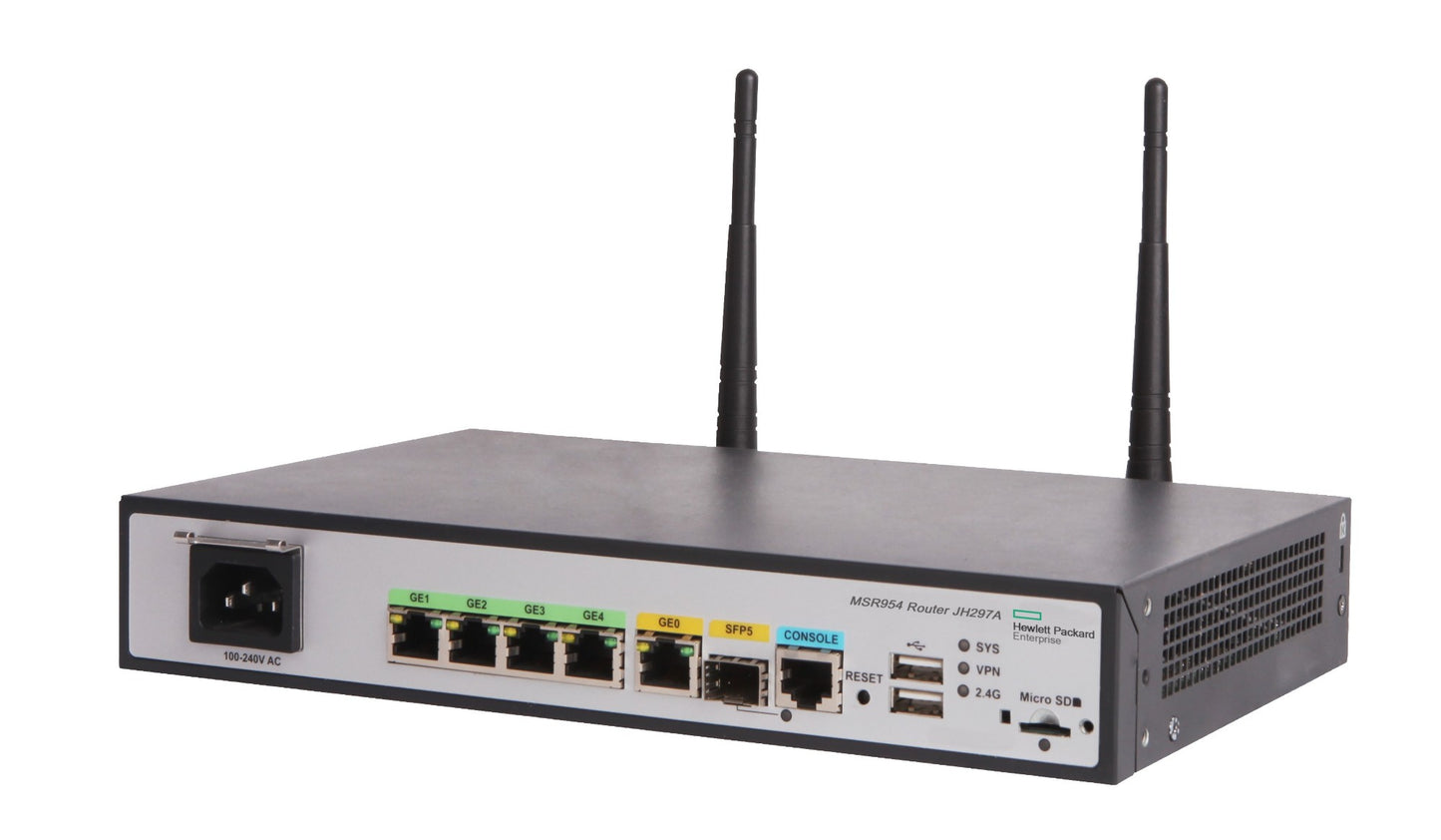 HPE JH297A | 1x 1GbE SFP, 2x GbE WAN, 4x GbE LAN, 802.11n Wi‑Fi (2.4 GHz), Comware v7, IPsec VPN, SD‑WAN ready, no integrated LTE