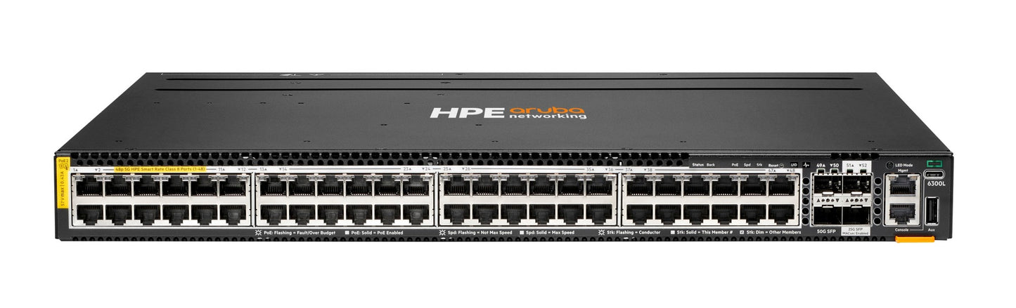 Aruba S3L76A | 48x mGig 100M/1/2.5/5G, PoE Class 8, 4x uplinks (2x50G SFP56 + 2x25G SFP28), AOS-CX L2 (no feature license)