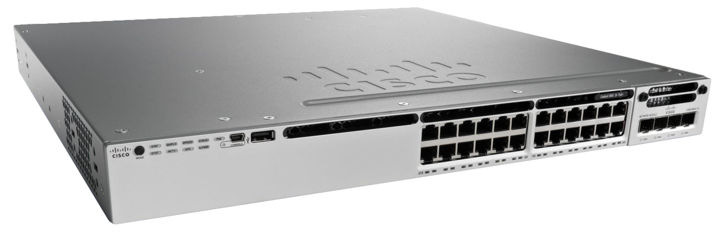 Cisco WS-C3850-24P-L | 24x 1G RJ45; PoE: 802.3at PoE+; uplinks: 4x1G or 2x/4x10G (modular); license: LAN Base