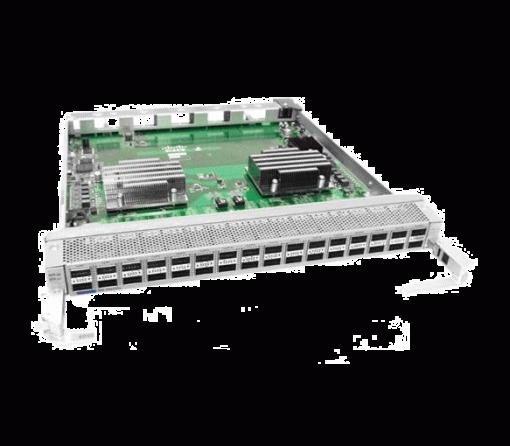 Cisco N9K-X9636Q-R line card with white green PCB and metal heatsinks