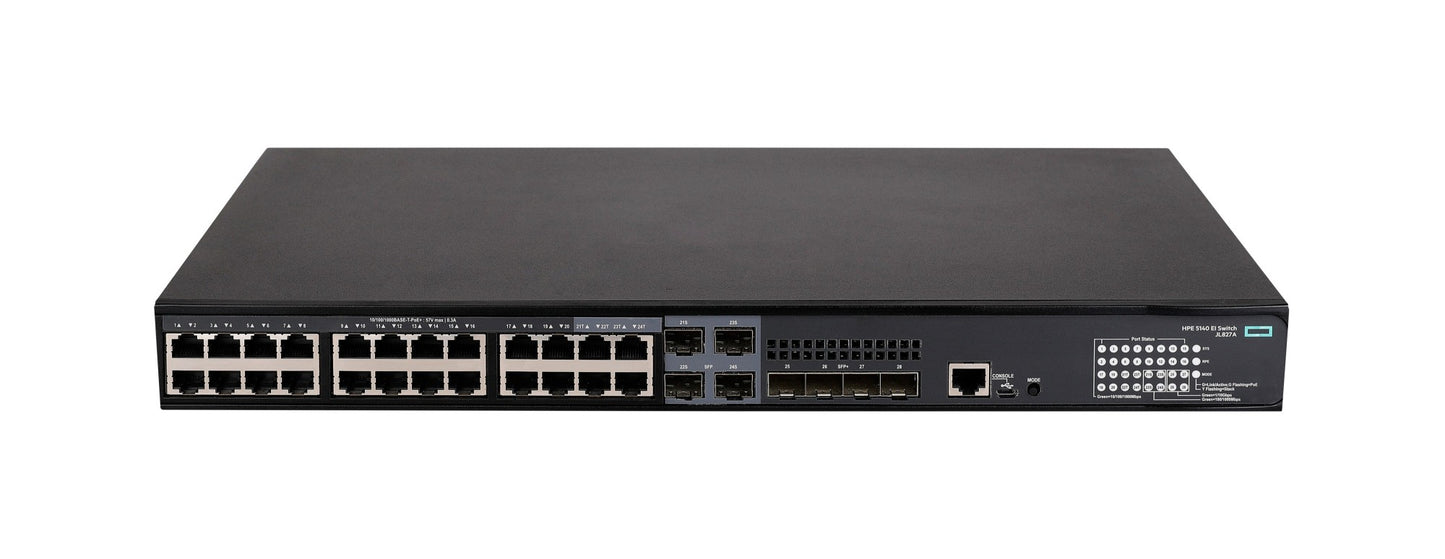 HPE JL827A black network switch with 24x 1G PoE+ ports and 4x 10G SFP+ uplinks