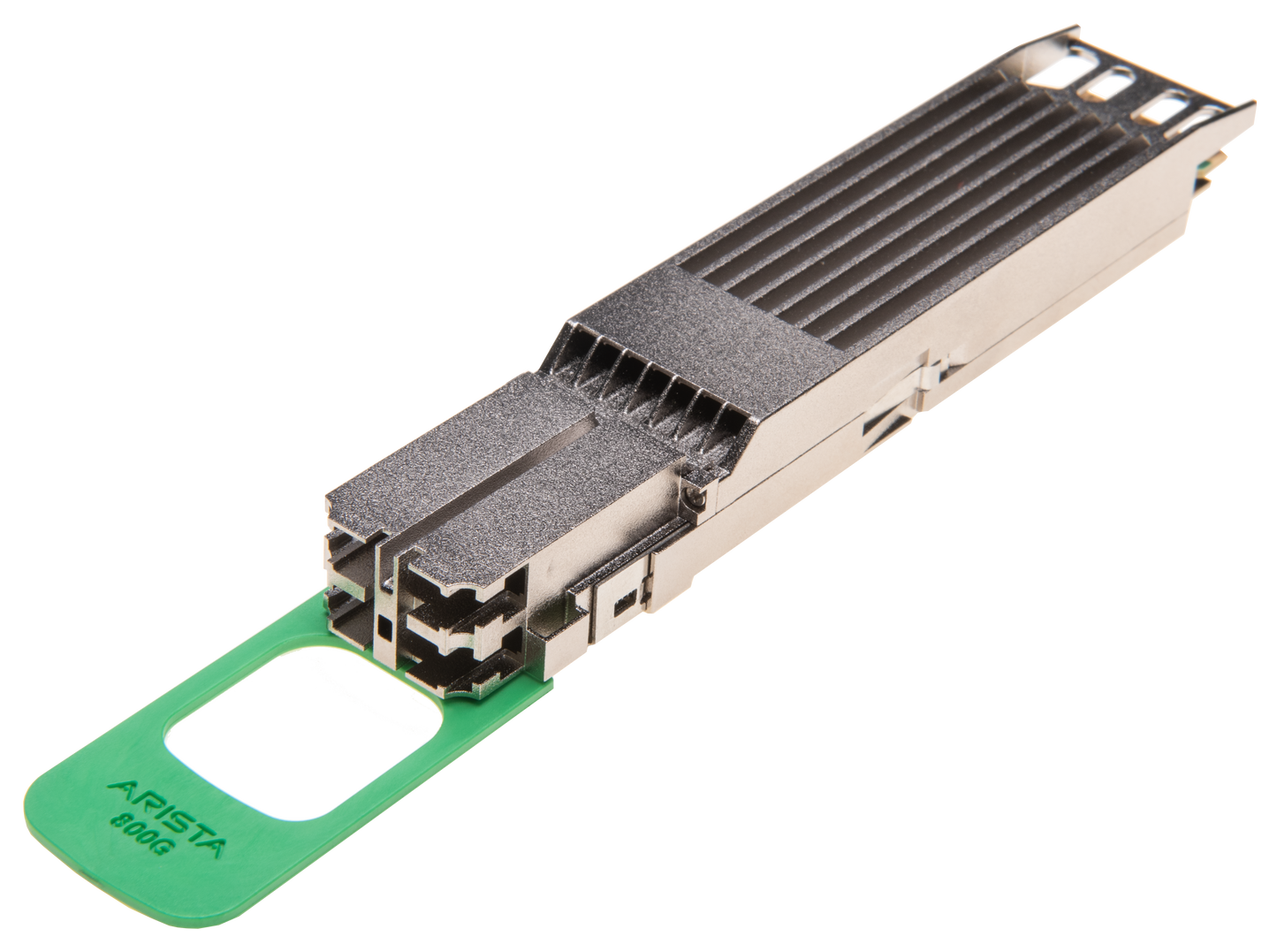 Arista osfp-800g-2fr4 800g transceiver with metallic housing and green label for 2x 400g fr4 dual lc use