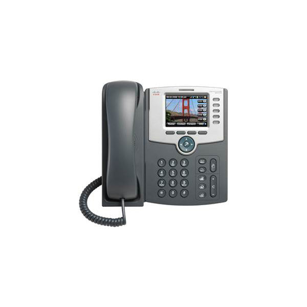 Cisco 7942G IP phone with black keypad, display, and Golden Gate Bridge wallpaper