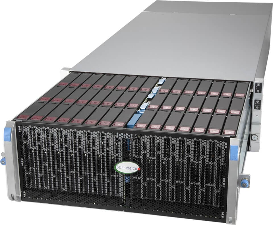 Silver and black supermicro ssg-640sp-e1cr90 4u rack server with honeycomb grille and 90 top-load drive bays