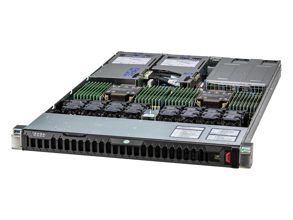 Supermicro sys-120h-tnr black 1u server rack with multiple green ram modules and black cooling fans visible inside