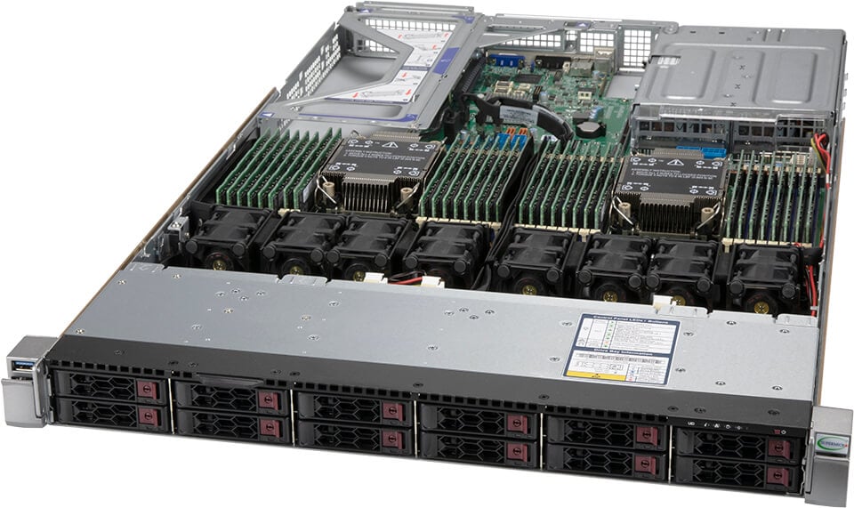 Silver and black Supermicro SYS-120U-TNR 1U server rack with dual Xeon processors and multiple NVMe drives visible