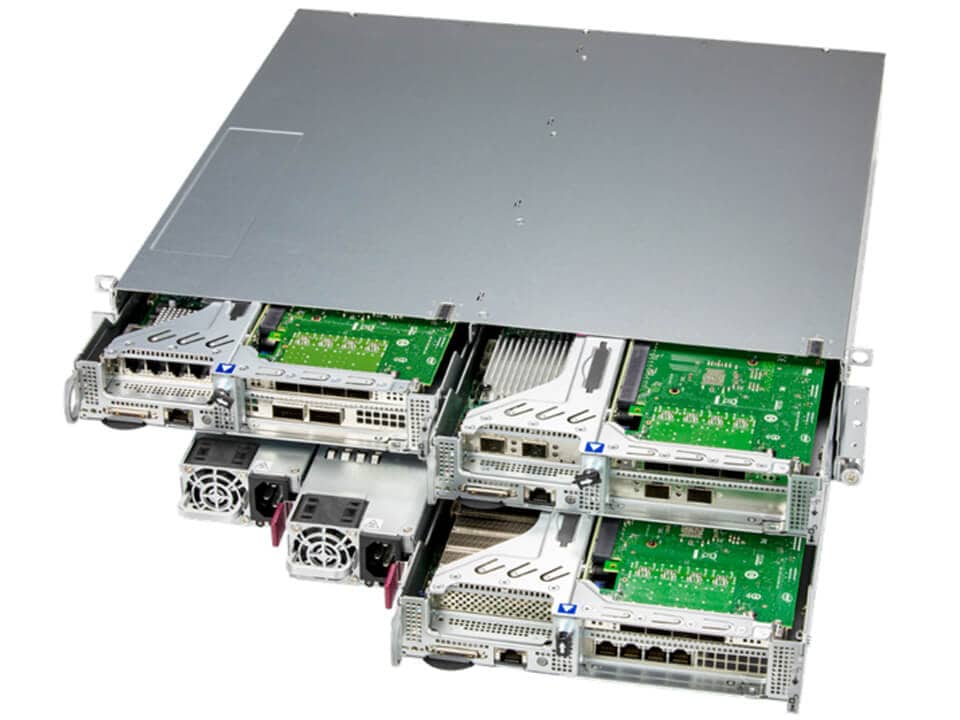 Silver supermicro sys-210se-31a server rack showing green circuit boards and white fans inside for edge computing