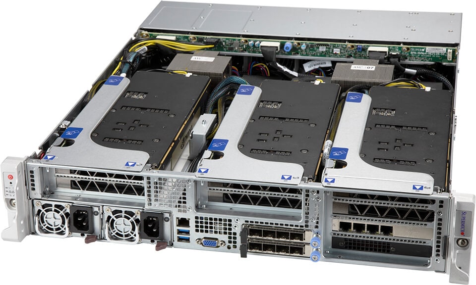 Silver supermicro sys-220he-ftnr server rack with three black and white drive bays and blue logo stickers