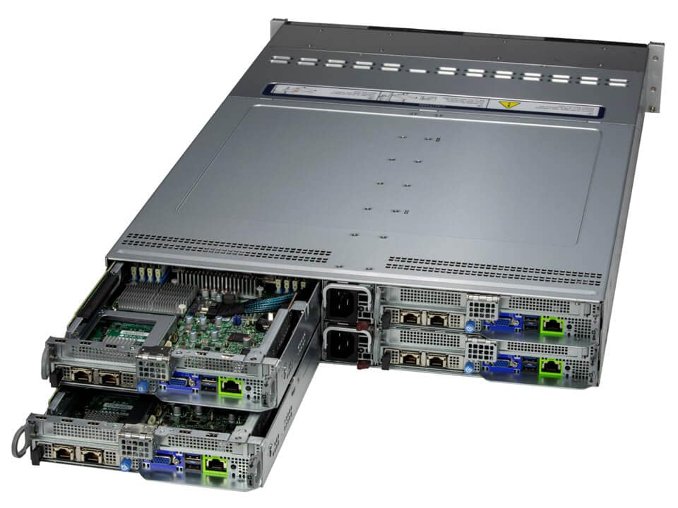 Silver-colored metal supermicro sys-221bt-hntr bigtwin 2u 4-node rack server back with drive bays and network ports