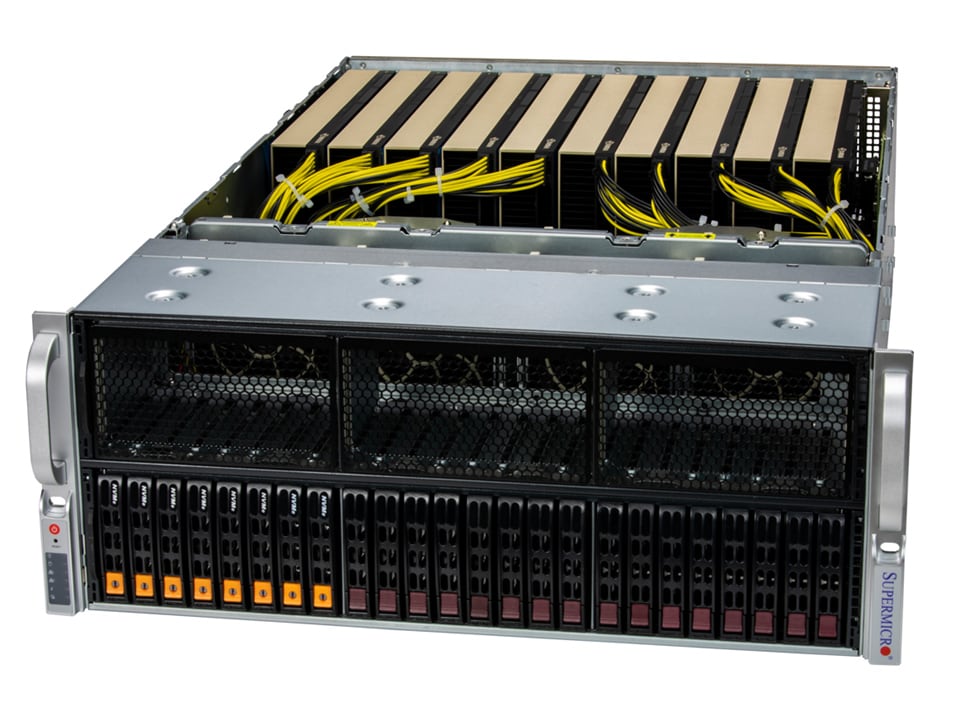 Supermicro sys-421ge-tnrt 4u dual xeon gpu server with silver rack black panels orange maroon drive bays and yellow cables