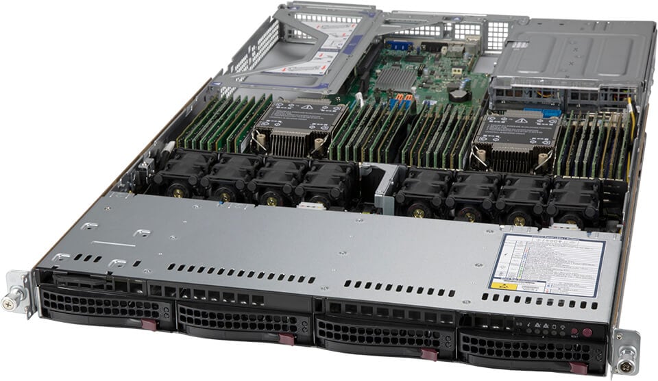 Silver and black supermicro sys-610u-tnr dual xeon 1u rack server with cpu modules ram sticks and cooling fans visible inside