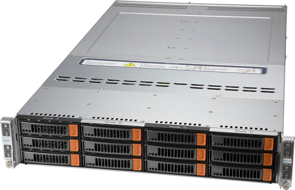 Silver Supermicro SYS-620BT-HNC8R BigTwin 2U 4-node rack server with black and orange front panels labeled a through d