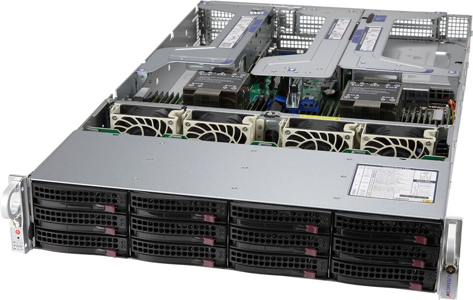 Silver supermicro sys-620u-tnr server rack with black drive bays and cooling fans for high performance computing