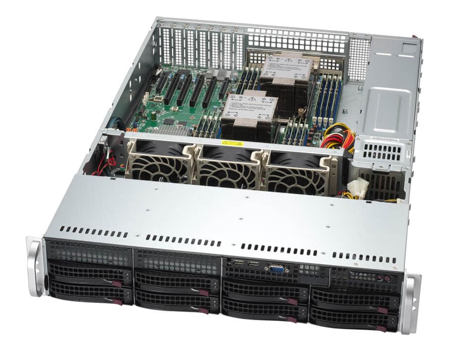 Silver and black supermicro sys-621p-trt rack-mounted server with multiple drive bays cooling fans and internal components visible