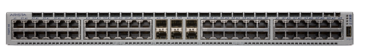 Gray metal arista dcs-7020tr-48-f 48-port gigabit switch with 6x 10g sfp+ ports and sleek industrial design