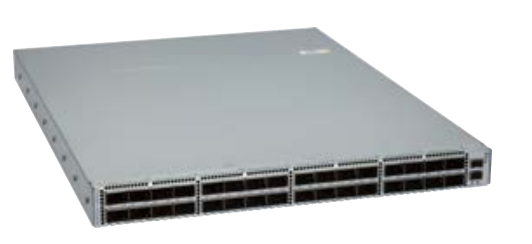 Gray metal arista dcs 7050px4 32s f 400g switch with multiple ports on the front panel in a server rack