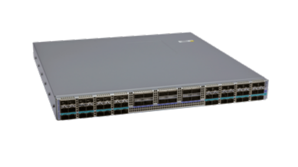 Gray metal arista dcs-7050tx3-48c8-f 48-port 10gbase-t switch with 8x 100g qsfp+ ports and indicator lights on front panel