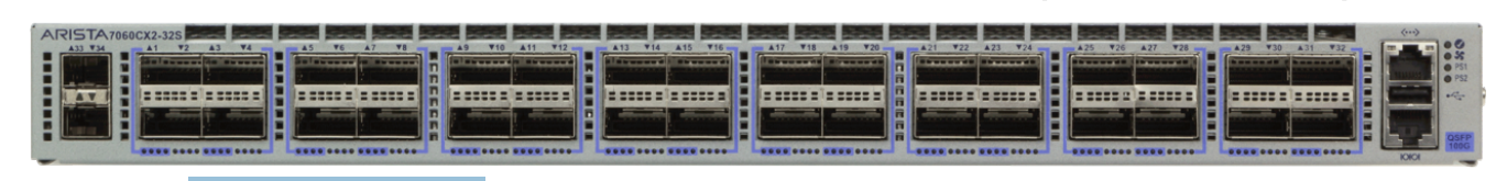 Gray and blue arista dcs-7060cx2-32s-f 32-port 100g networking switch with multiple ports and 6.4tbps capacity