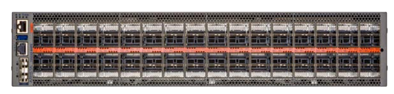 Gray arista dcs-7060x6-64pe-b-n-f 7060x6 switch with orange stripe and multiple ports on front panel