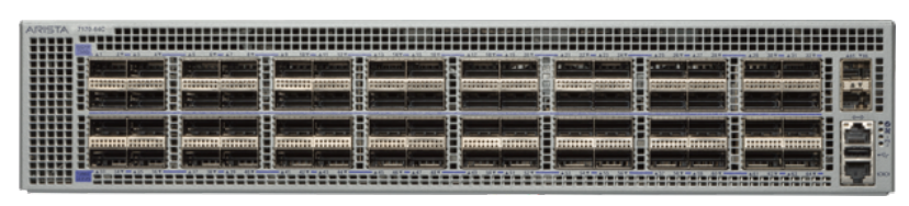 Gray metal arista dcs-7170-64c-f 64-port 100g switch with multiple ports and ventilation grilles on front side