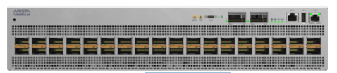 Gray metal arista dcs-7280dr3a-36-dc-f 36-port 400g network switch with indicator lights and 16gb buffer shown from front