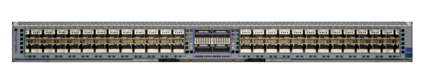 Gray metal arista dcs-7300x3-48yc4-lc server rack with multiple ports and ventilation slots back side view