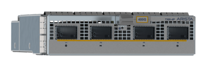 Arista dcs-7368-4p gray metal server chassis with five black front ports and yellow 400g label for data center use