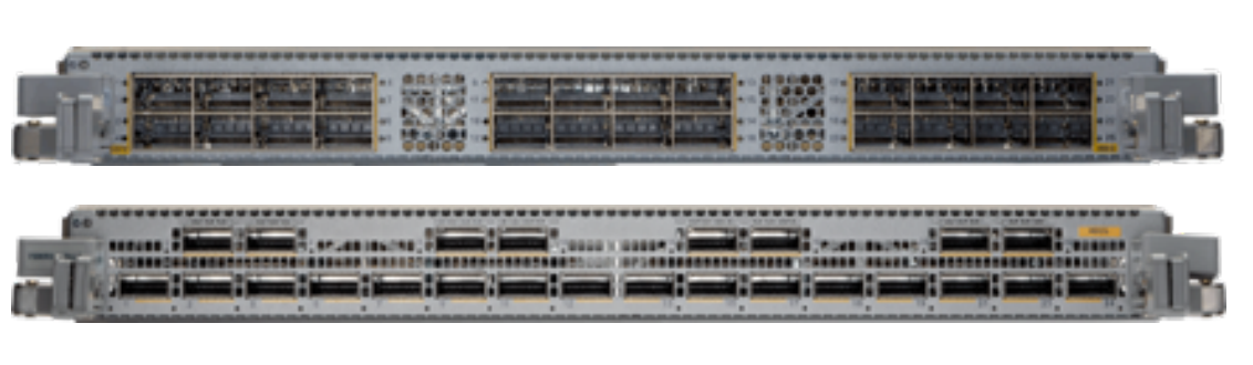 Gray metal arista dcs-7500r3-24d-lc server rack back with multiple 400g qsfp-dd ports and ventilation slots