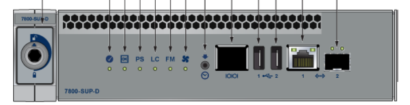 Gray arista dcs-7800-sup 7800r3 supervisor module back side with circular power button ethernet usb ports and status lights