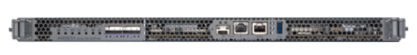 Gray metal back side of arista ccs-750-sup100 supervisor module with multiple 40/100g qsfp uplink ports and ventilation grilles