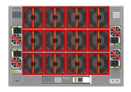 Arista dcs-7003-sup-el red and black server rack with multiple fans green indicator lights and power supply units