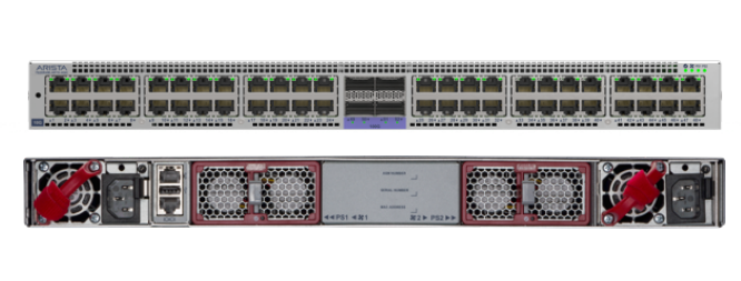 Silver-colored arista dcs-7020r4m-48tx-4qc-r server rack back with multiple ports and red fan covers for 10g switch