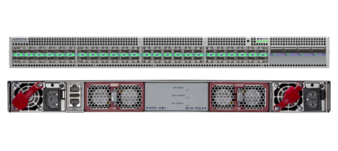 Silver-colored arista dcs-7020r4m-48y-4qc-r 48-port 25g switch backside with red fan covers and ventilation grilles