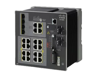 Cisco IE-4000-8GT8GP4G-E industrial network switch with dark gray metallic chassis featuring 8x1G RJ45 and PoE+ ports