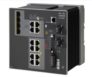 Cisco ie-4000-4t4p4g-e industrial network switch with rugged dark gray metal casing and multiple ethernet ports