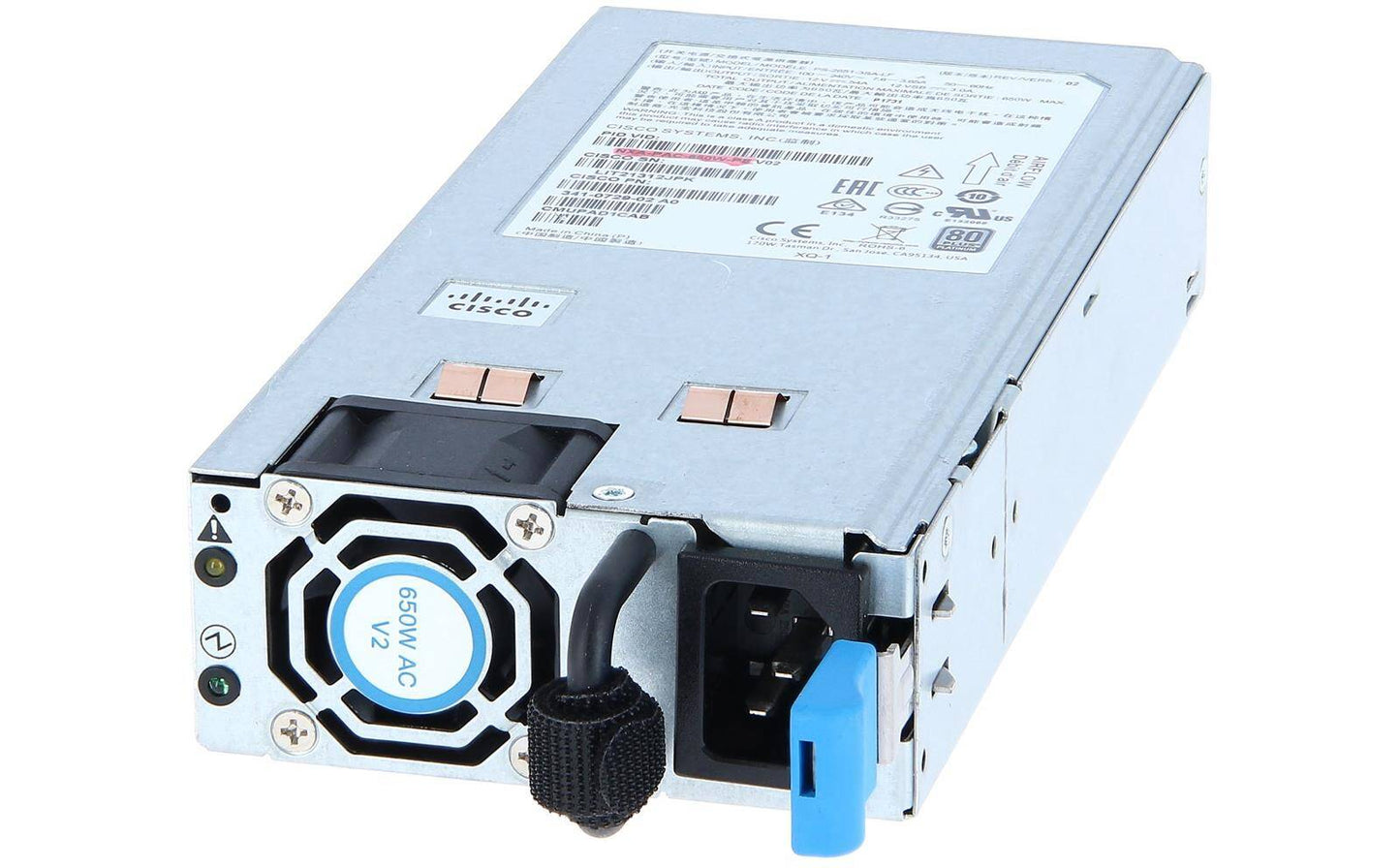 Cisco NXA-PAC-650W-PE 650W NEBS AC PSU with silver unit, black cord, blue connector