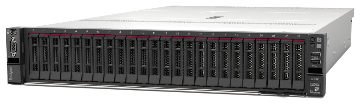 Lenovo SR665 | 2U dual-socket AMD EPYC | 32x DIMM DDR4-3200 | up to 32x 2.5in or 12x 3.5in bays incl. NVMe | PCIe 4.0 expansion | OCP 3.0 NIC | Redundant hot-swap PSUs | XClarity (XCC) mgmt