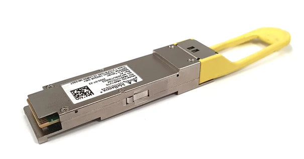 Dell QLC 10GBASE-SR SFP+ module with yellow handle in NVIDIA 980-9I042-00C000 100G QSFP28 optic