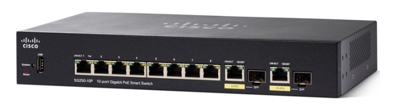 Cisco SG250-10P-K9-AU | 10x 1G RJ45, 802.3af PoE, 2x 1G SFP (combo) uplinks, Smart Managed L2 with static routing (no license)