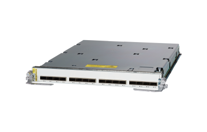 Cisco A9K-16X100GE-TR ASR 9000 line card with silver body and yellow accents