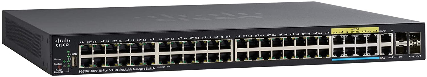 Cisco SG350X-48PV-K9-AU | 48x 1G PoE+ | 4x 10G uplinks | L3 managed, stacking | License: included