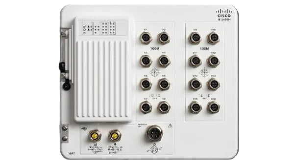 White Cisco Q3 LMR60 radio with ports and buttons on IE-3400H-16FT-E IP67 switch