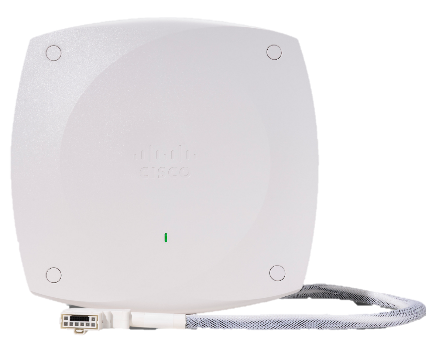 White cisco wireless 9174 wi-fi 7 tri-band access point with sleek circular design and integrated ethernet cable