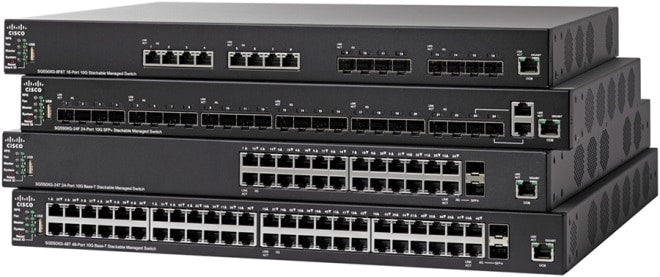 Cisco SG550XG-24F-K9-AU | 24x10G SFP+ + 2x10GBase‑T (combo), PoE: none, uplinks: 2x10GBase‑T, license-free L3 static