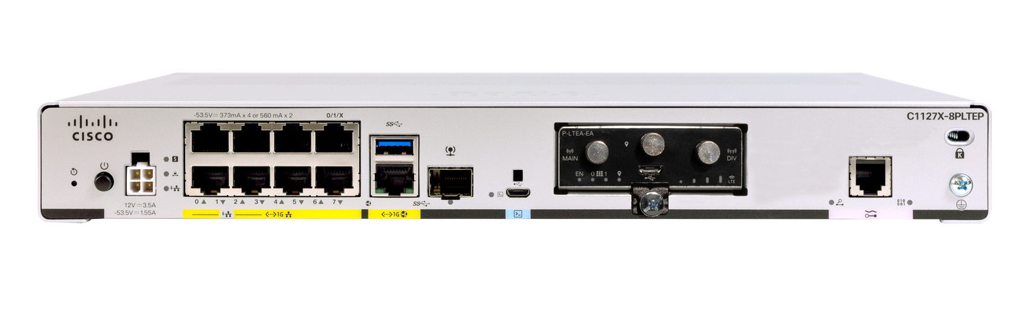 Cisco C1121-4PLTEPPM ISR 1100 router with Ethernet ports, USB, yellow accents