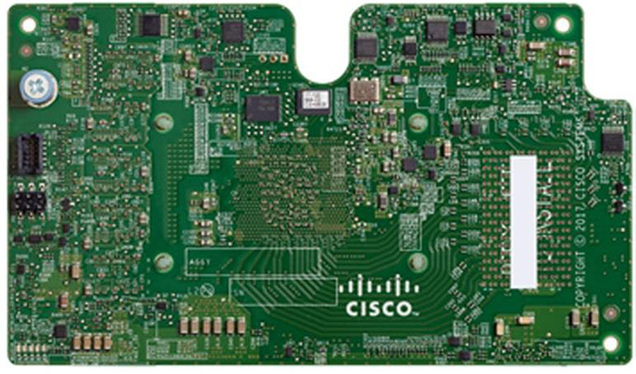 Green Cisco circuit board with logo, components, and HCI-M-V100-04 mLOM
