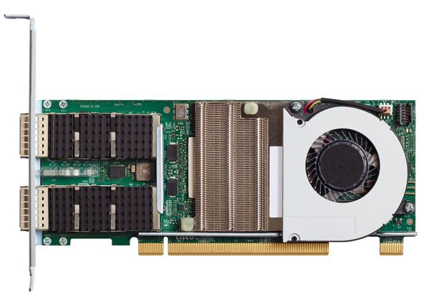 Cisco HCI-PCIE-C100-04 black and gold PCIe CNA card with heatsink and fan