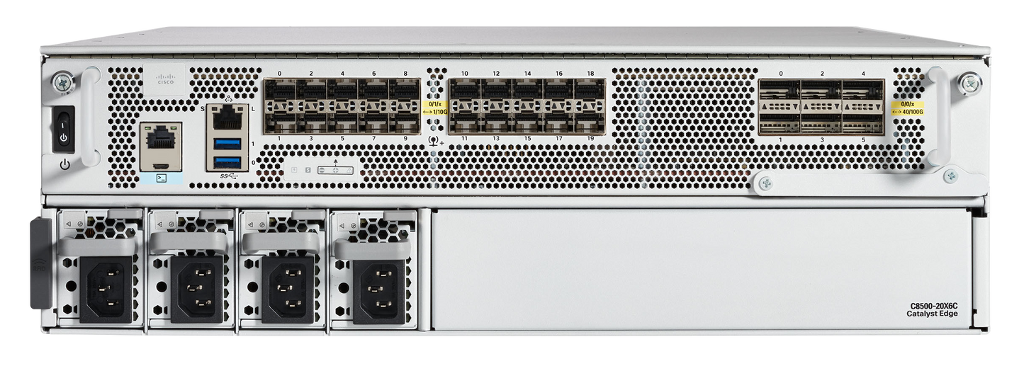 Cisco C8500-20X6C silver server rack with 20x 1/10G SFP+ ports and 6x 100G QSFP28 slots