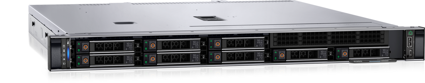Dell R350 1U rack server with silver chassis, black accents, and multiple drive bays