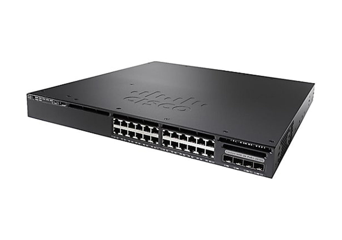 Cisco WS-C3650-24PDM-L 24-port PoE+ switch with sleek black design